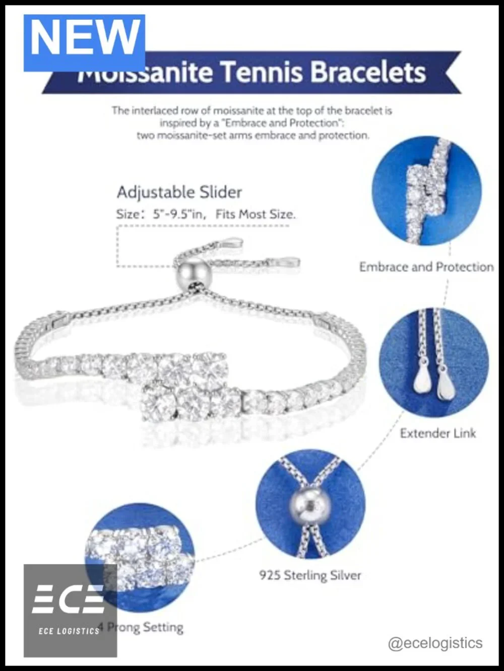 Moissanite Tennis Bracelet 925 Sterling Silver Adjustable Bolo 5-9.5in